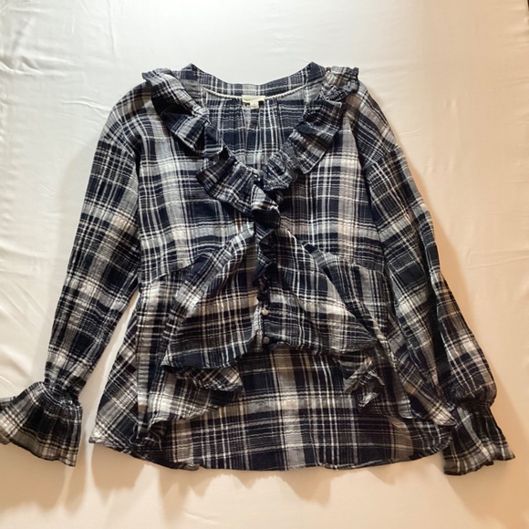 Pilcro by Anthropologie Plaid Ruffle Neck Blouse Navy Cream Medium - Picture 4 of 11